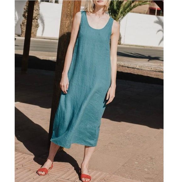 Not PERFECT LINEN Teal Sleeveless 100% Linen Lagenlook Midi Dress Sz M/L - Picture 1 of 7